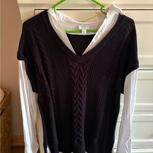 crown & ivy Black V-Neck Cable-Knit Sweater with White Shirt-Layer